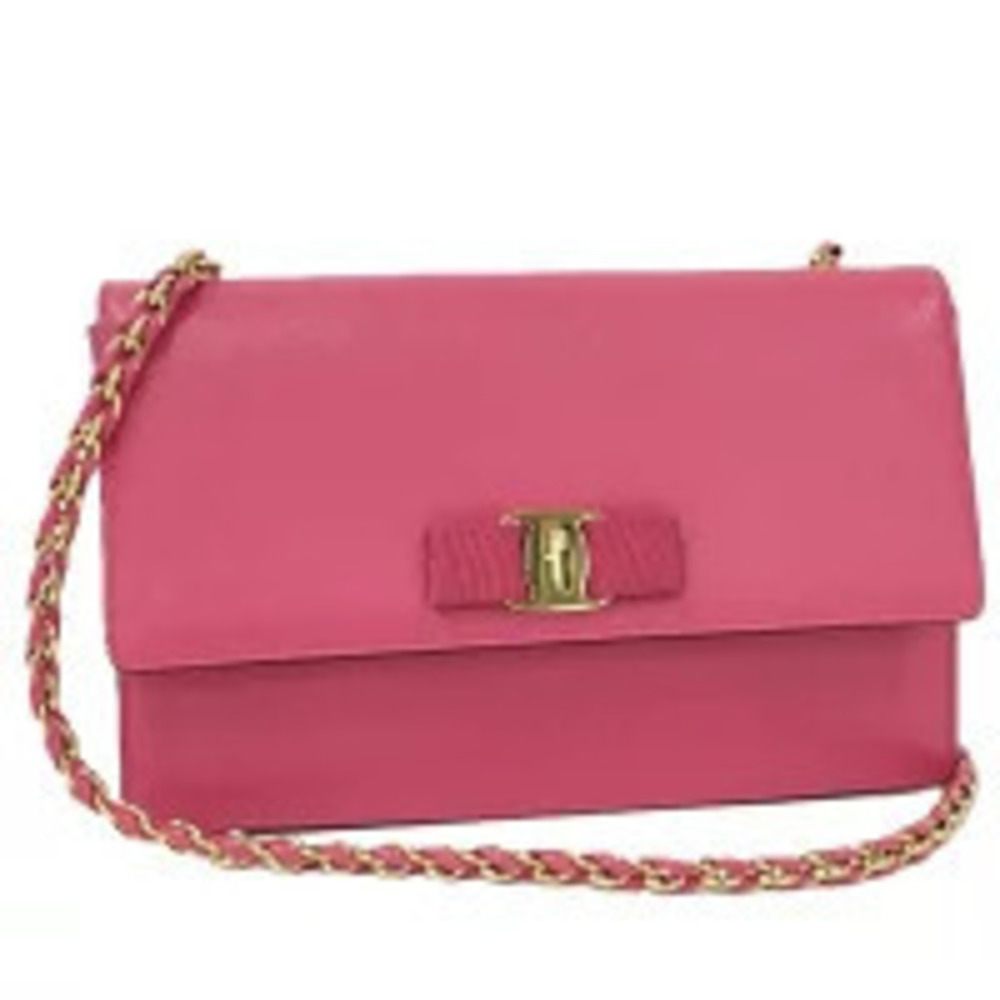 Salvatore Ferragamo Chain Shoulder Bag Vara Ribbon Leather Pink